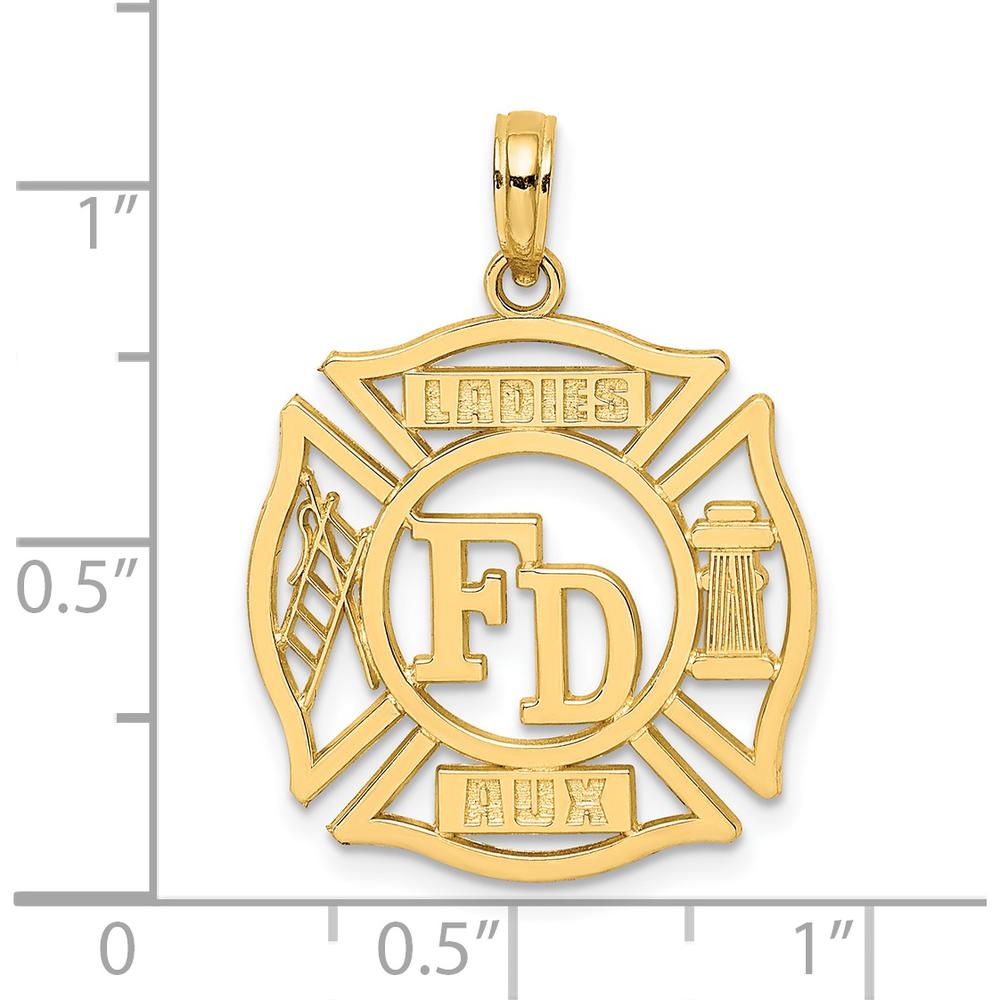 14K Yellow Gold FD Ladies Auxiliary Firefighter Shield Pendant - 20.8mm by Oro Pregiato