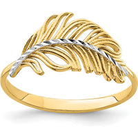 14K Yellow Gold Feather Ring with Rhodium Plating and Diamond Cut Texture by Oro Pregiato