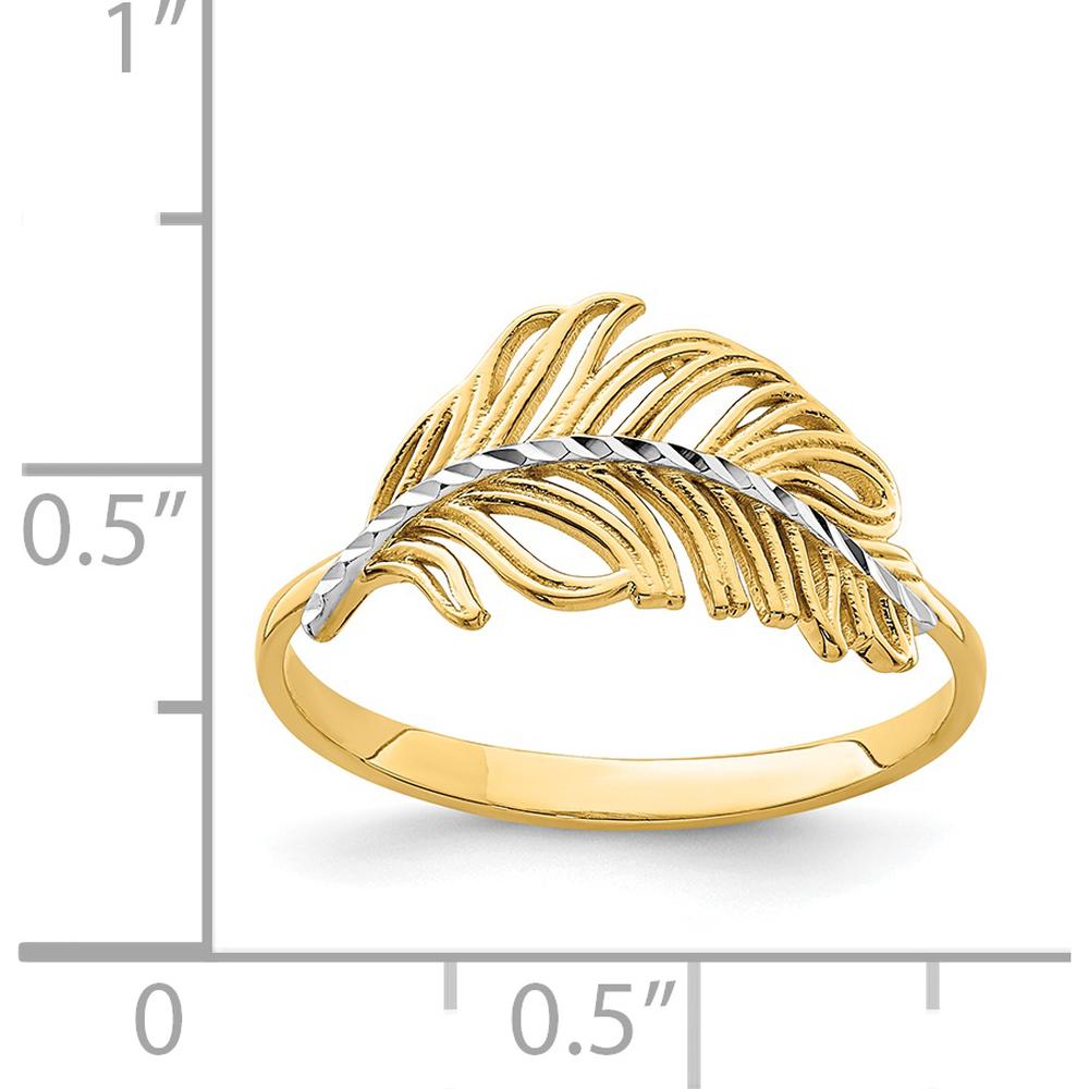 14K Yellow Gold Feather Ring with Rhodium Plating and Diamond Cut Texture by Oro Pregiato