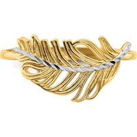 14K Yellow Gold Feather Ring with Rhodium Plating and Diamond Cut Texture by Oro Pregiato