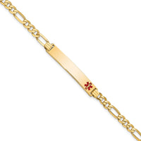 14K Yellow Gold Figaro Link 7" Medical Alert Bracelet with Red Enamel Charm - Engravable by Oro Pregiato