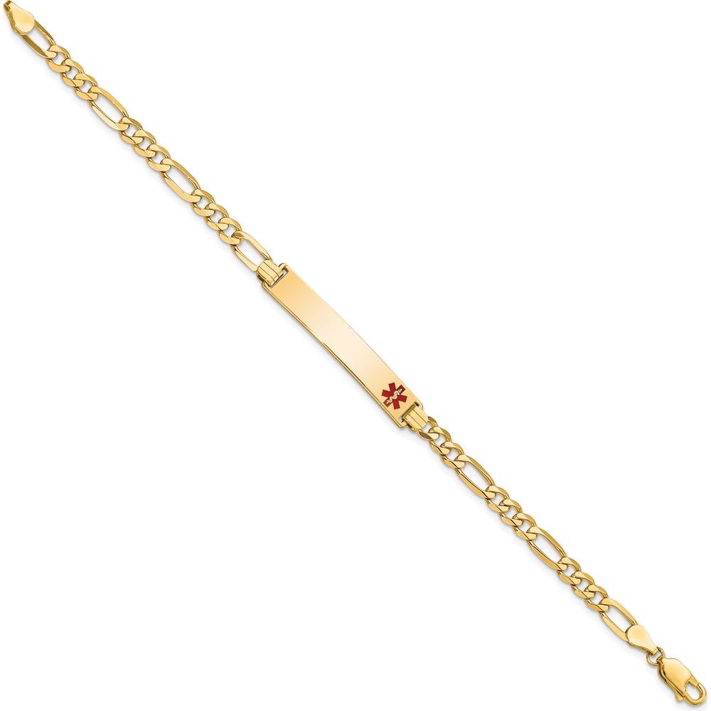 14K Yellow Gold Figaro Link 7" Medical Alert Bracelet with Red Enamel Charm - Engravable by Oro Pregiato