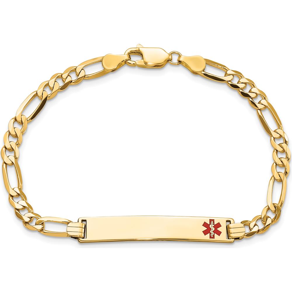 14K Yellow Gold Figaro Link 7" Medical Alert Bracelet with Red Enamel Charm - Engravable by Oro Pregiato