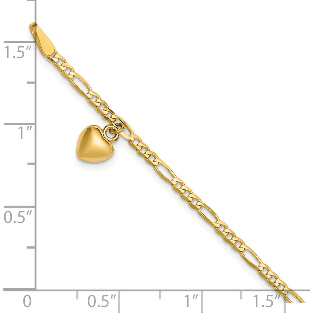 14K Yellow Gold Figaro Link Anklet with Dangling Puffed Heart - 9" Length