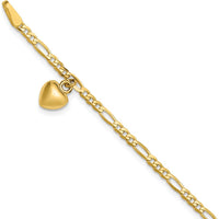 14K Yellow Gold Figaro Link Anklet with Dangling Puffed Heart Charm - 10"