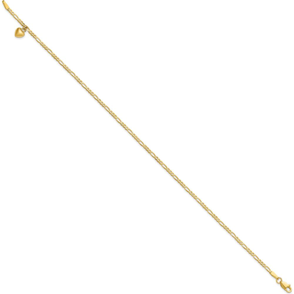 14K Yellow Gold Figaro Link Anklet with Dangling Puffed Heart Charm - 10"