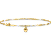 14K Yellow Gold Figaro Link Anklet with Dangling Puffed Heart Charm - 10"