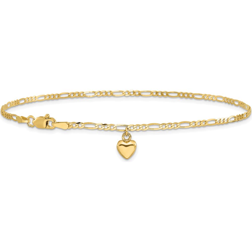 14K Yellow Gold Figaro Link Anklet with Dangling Puffed Heart Charm - 10"