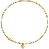 14K Yellow Gold Figaro Link Anklet with Dangling Puffed Heart Charm - 10"
