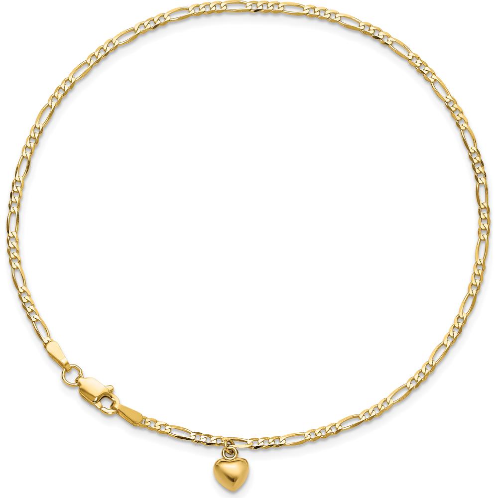 14K Yellow Gold Figaro Link Anklet with Dangling Puffed Heart Charm - 10"