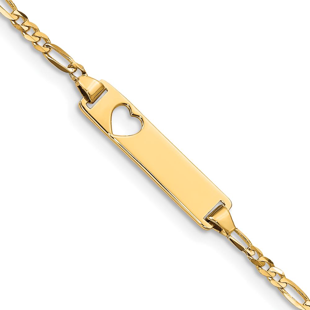 14K Yellow Gold Figaro Link Baby/Child Bracelet with Heart Cut-out Plate - Personalized Engravable by Oro Pregiato