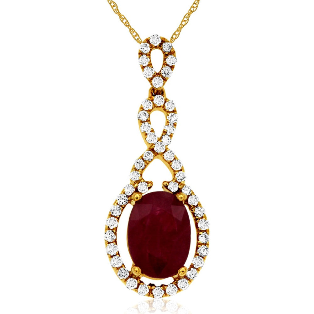 14K Yellow Gold Figure-Eight Pendant with 1.25 Carat Oval Ruby and 0.26 Carat Round Diamond Halo - Royal Jewelry