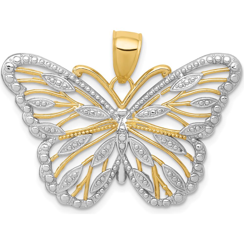 14K Yellow Gold Filigree Butterfly Pendant with White Rhodium Accents - 22mm x 34mm by Oro Pregiato
