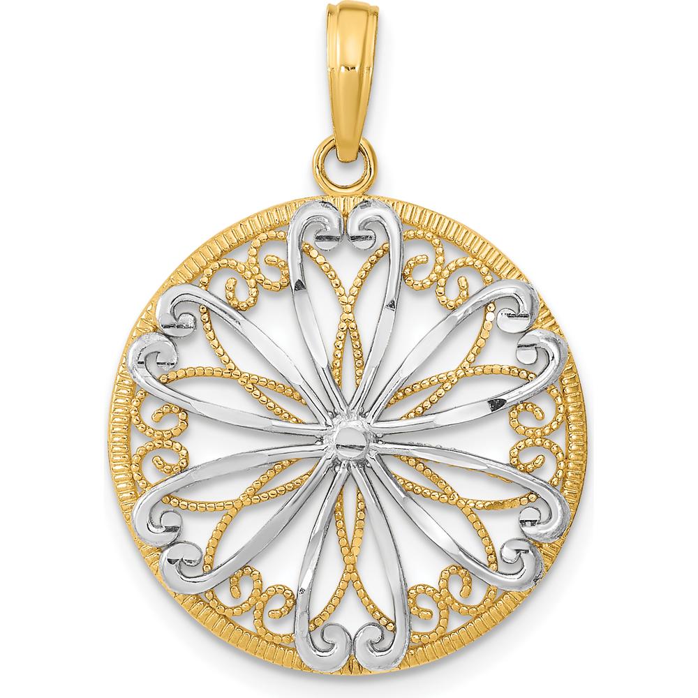 14K Yellow Gold Filigree Center Round Charm with White Rhodium Accents by Oro Pregiato