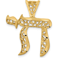 14K Yellow Gold Filigree Chai Pendant with Polished and Diamond-Cut Textures by Oro Pregiato