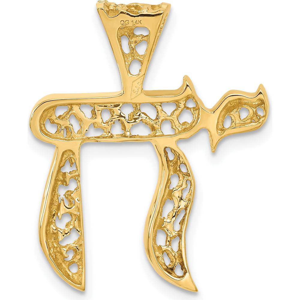 14K Yellow Gold Filigree Chai Pendant with Polished and Diamond-Cut Textures by Oro Pregiato