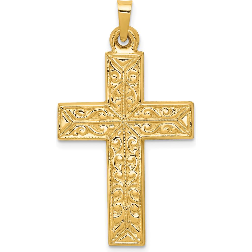 14K Yellow Gold Filigree Cross Pendant with Polished Finish - 36.75mm Length by Oro Pregiato