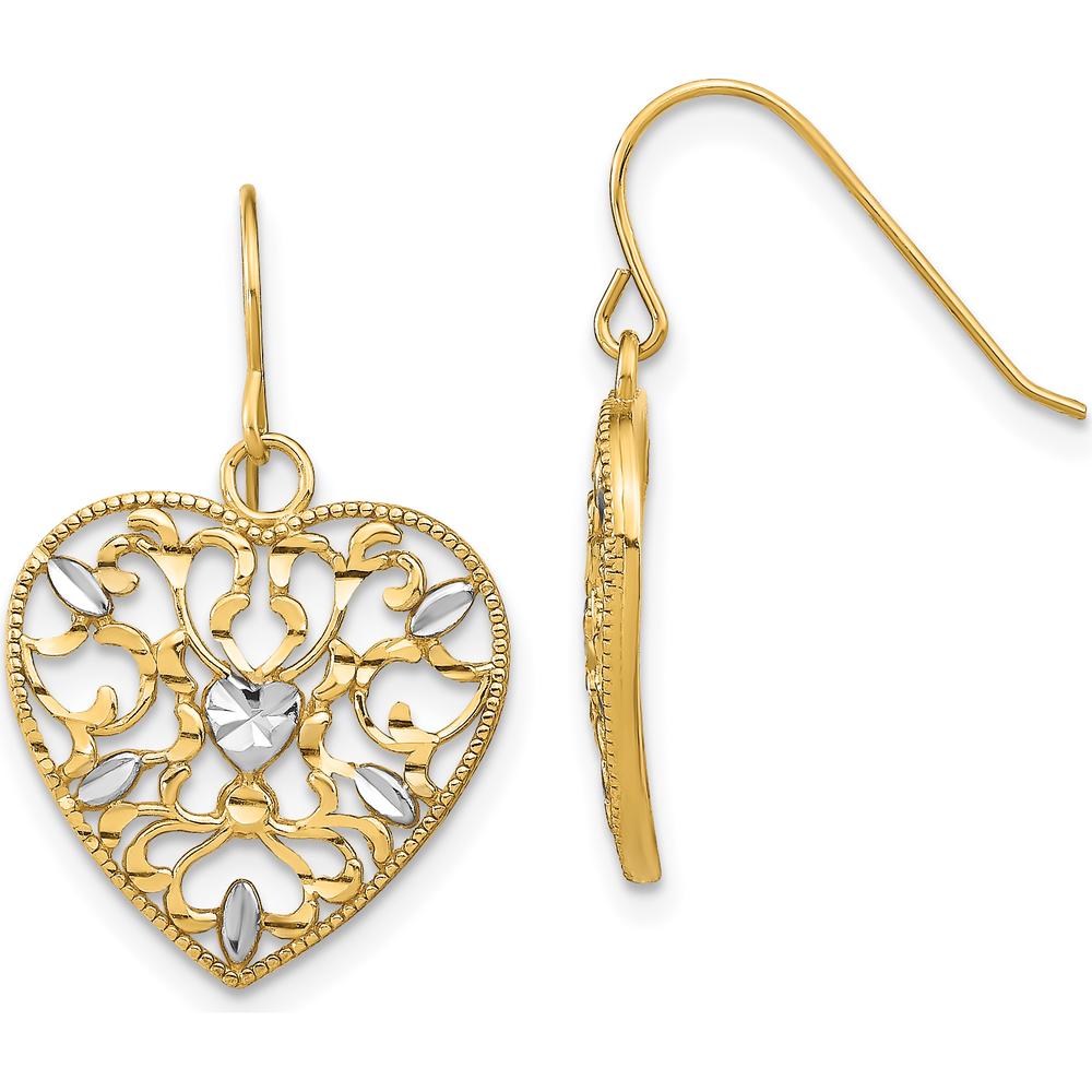 14K Yellow Gold Filigree Cut-Out Heart Drop Earrings with White Rhodium Accents by 0