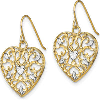 14K Yellow Gold Filigree Cut-Out Heart Drop Earrings with White Rhodium Accents by 0