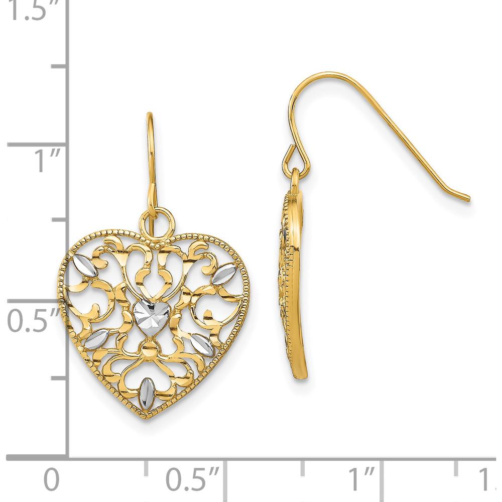 14K Yellow Gold Filigree Cut-Out Heart Drop Earrings with White Rhodium Accents by 0