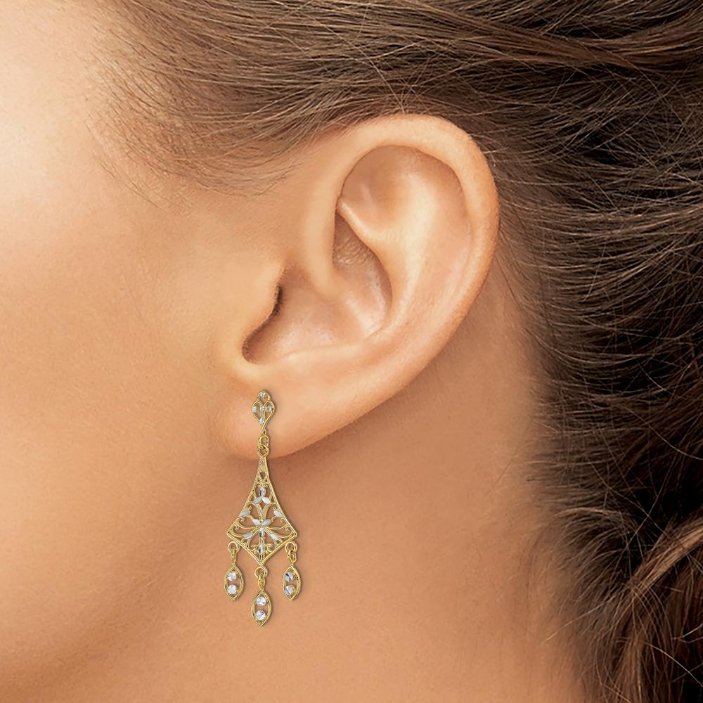 14K Yellow Gold Filigree Diamond-Cut Chandelier Earrings with Rhodium Accents by 0