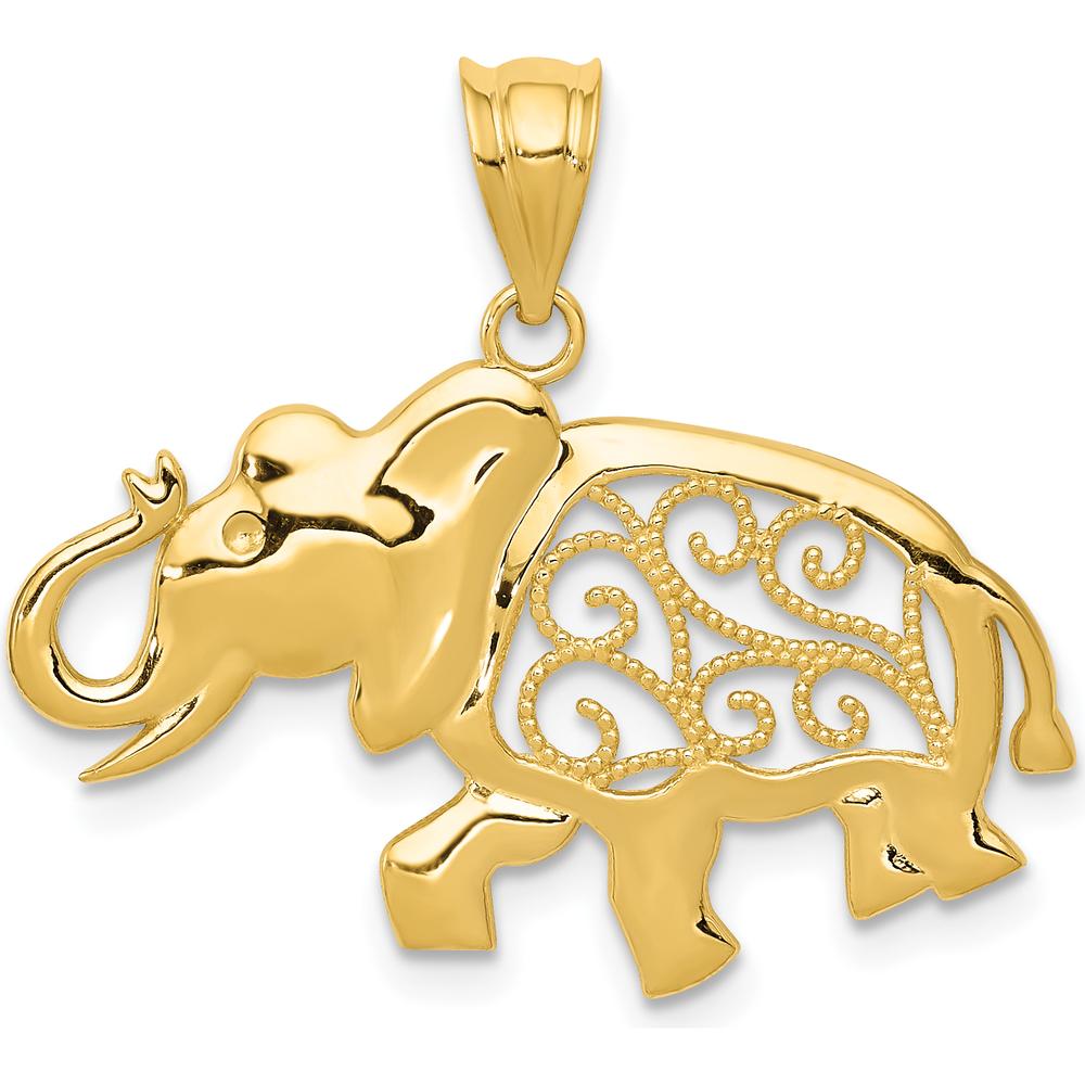 14K Yellow Gold Filigree Elephant Pendant - Symbolic Animal Charm with Intricate Design by Oro Pregiato