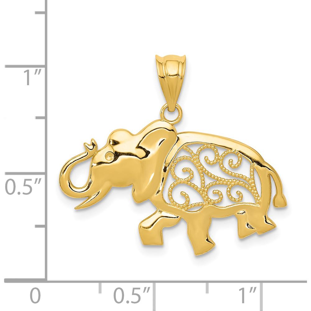 14K Yellow Gold Filigree Elephant Pendant - Symbolic Animal Charm with Intricate Design by Oro Pregiato
