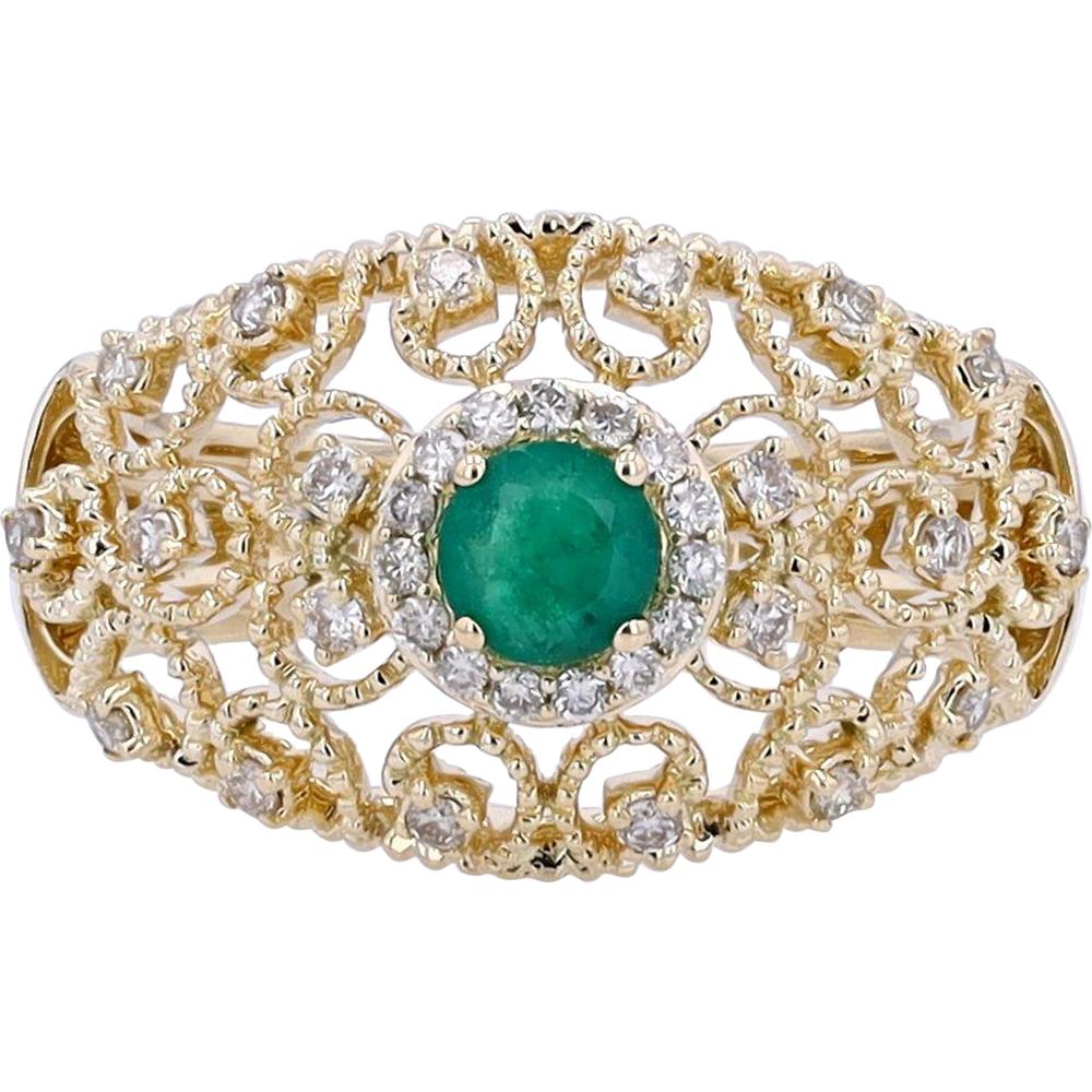 14K Yellow Gold Filigree Emerald Center Ring with Diamond Halo - 0.28 Carats Emerald, 0.25 Carats Total Diamond Weight