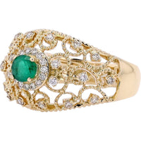 14K Yellow Gold Filigree Emerald Center Ring with Diamond Halo - 0.28 Carats Emerald, 0.25 Carats Total Diamond Weight