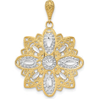 14K Yellow Gold Filigree Flower Charm with Diamond-Cut Texture and White Rhodium Accents by Oro Pregiato