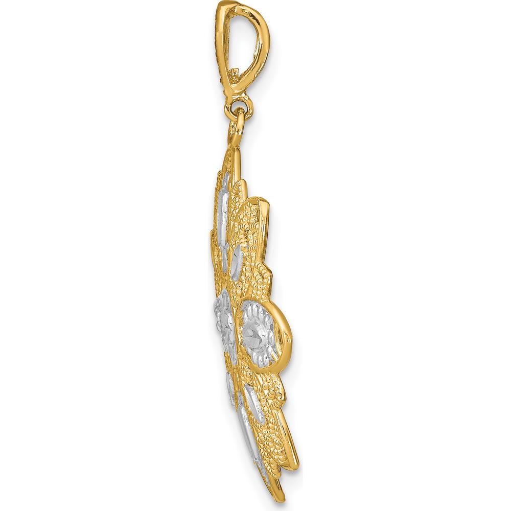 14K Yellow Gold Filigree Flower Charm with Diamond-Cut Texture and White Rhodium Accents by Oro Pregiato