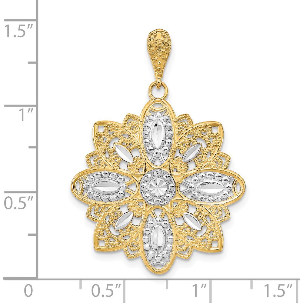 14K Yellow Gold Filigree Flower Charm with Diamond-Cut Texture and White Rhodium Accents by Oro Pregiato