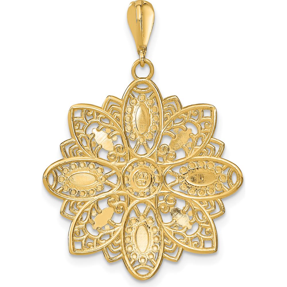 14K Yellow Gold Filigree Flower Charm with Diamond-Cut Texture and White Rhodium Accents by Oro Pregiato
