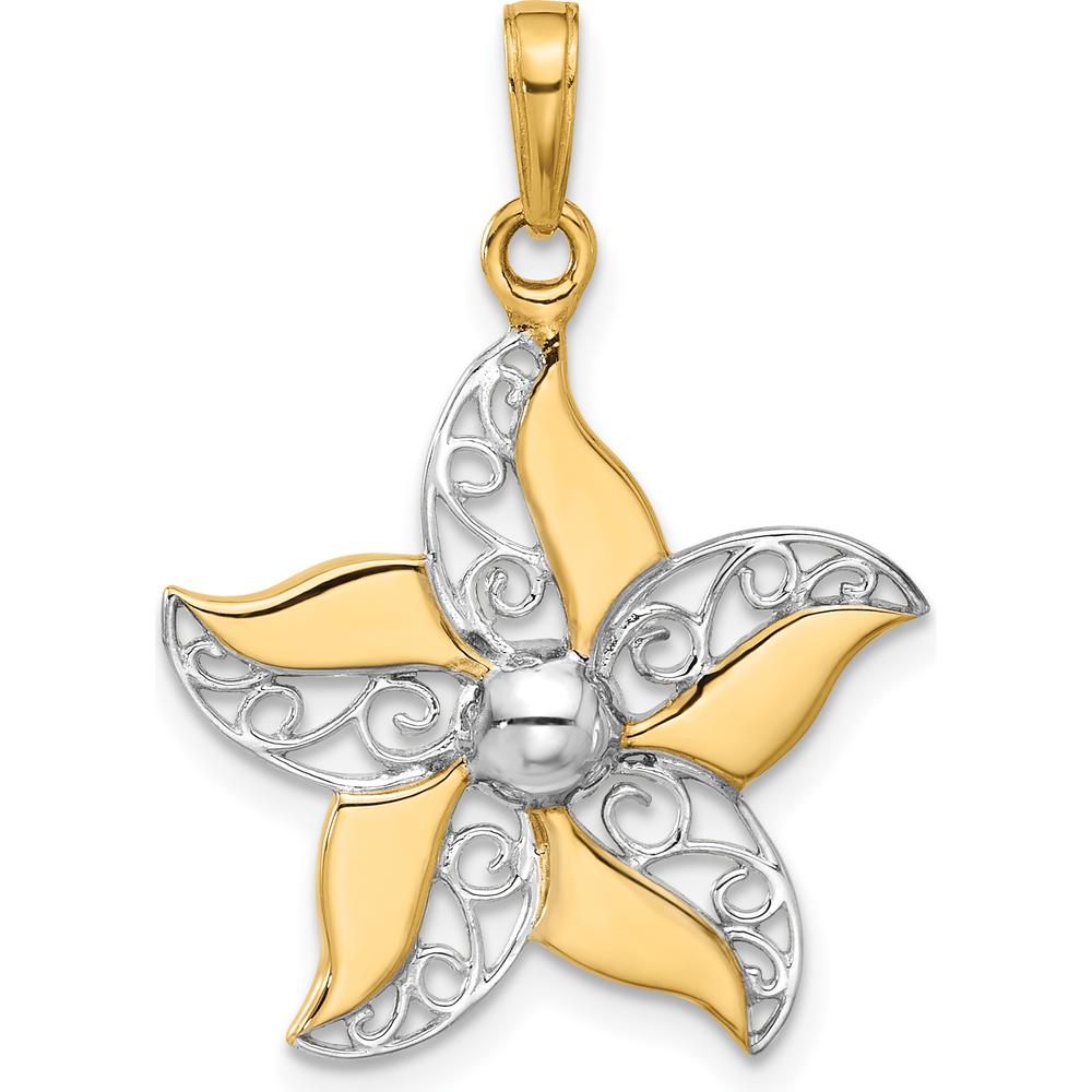 14K Yellow Gold Filigree Flower Pendant with White Rhodium Accents - 31mm Length by Oro Pregiato
