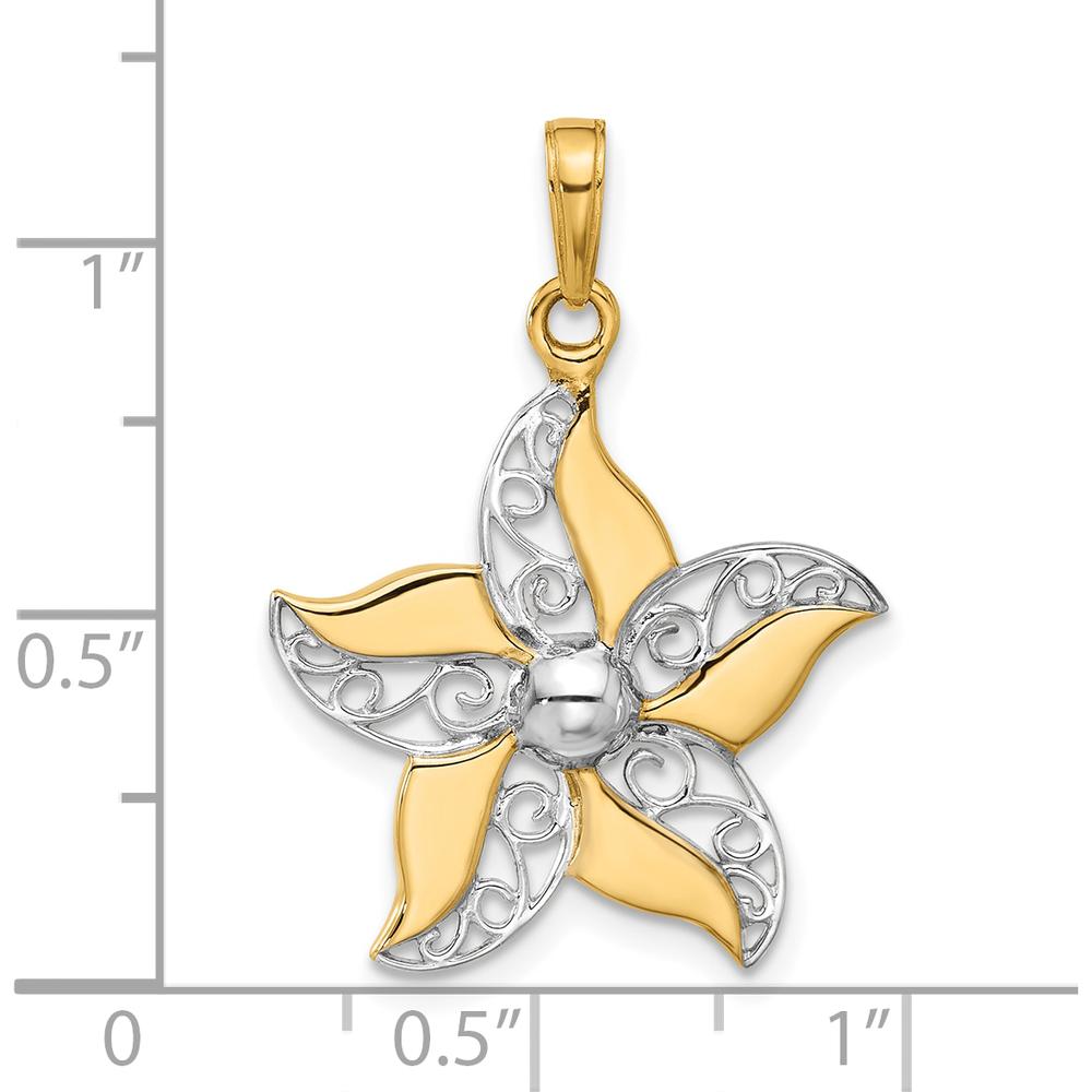 14K Yellow Gold Filigree Flower Pendant with White Rhodium Accents - 31mm Length by Oro Pregiato