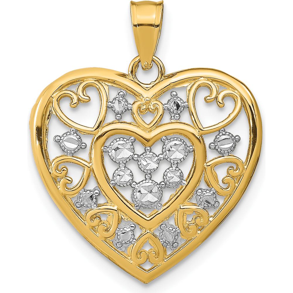 14K Yellow Gold Filigree Heart Charm with Rhodium Accents - Polished Finish by Oro Pregiato