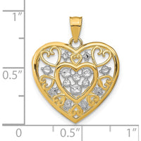 14K Yellow Gold Filigree Heart Charm with Rhodium Accents - Polished Finish by Oro Pregiato