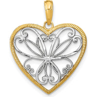 14K Yellow Gold Filigree Heart Charm with White Rhodium Accents - 24mm Length by Oro Pregiato