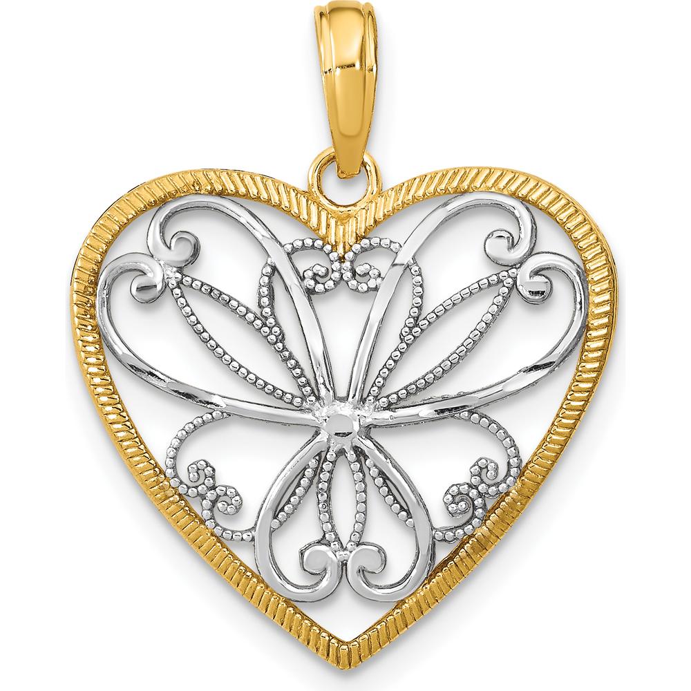 14K Yellow Gold Filigree Heart Charm with White Rhodium Accents - 24mm Length by Oro Pregiato