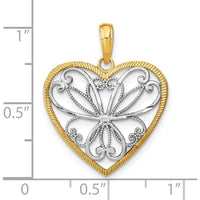 14K Yellow Gold Filigree Heart Charm with White Rhodium Accents - 24mm Length by Oro Pregiato