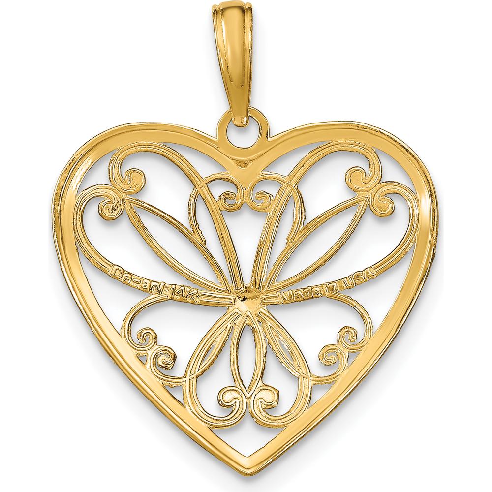 14K Yellow Gold Filigree Heart Charm with White Rhodium Accents - 24mm Length by Oro Pregiato