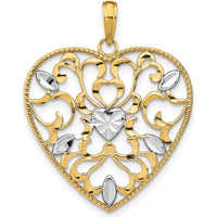 14K Yellow Gold Filigree Heart Pendant with Rhodium Leaf Accents - 32.6mm Length by Oro Pregiato