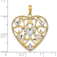14K Yellow Gold Filigree Heart Pendant with Rhodium Leaf Accents - 32.6mm Length by Oro Pregiato