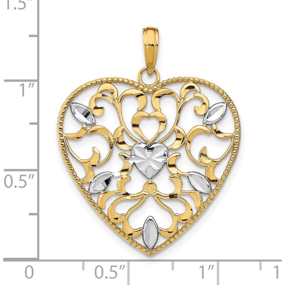 14K Yellow Gold Filigree Heart Pendant with Rhodium Leaf Accents - 32.6mm Length by Oro Pregiato
