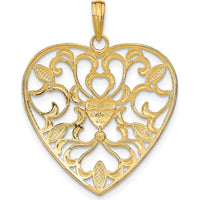 14K Yellow Gold Filigree Heart Pendant with Rhodium Leaf Accents - 32.6mm Length by Oro Pregiato