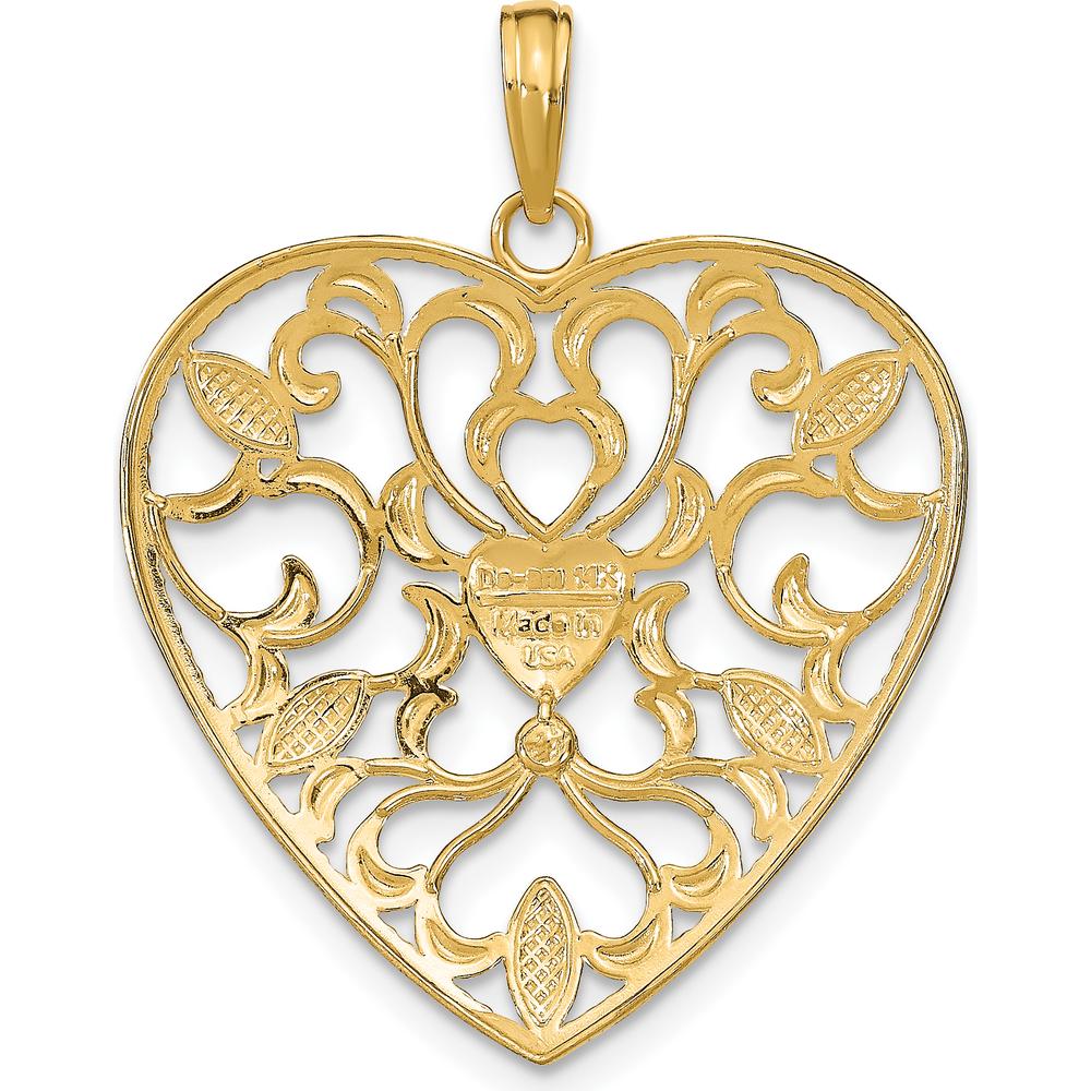 14K Yellow Gold Filigree Heart Pendant with Rhodium Leaf Accents - 32.6mm Length by Oro Pregiato