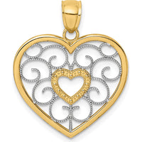 14K Yellow Gold Filigree Heart Pendant with White Rhodium Accents by Oro Pregiato