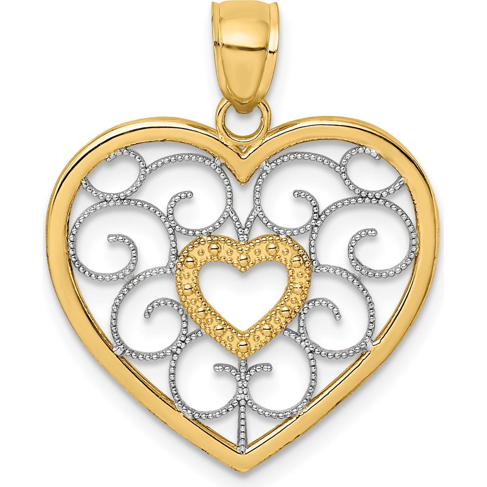 14K Yellow Gold Filigree Heart Pendant with White Rhodium Accents by Oro Pregiato