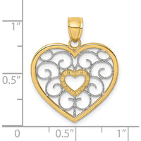 14K Yellow Gold Filigree Heart Pendant with White Rhodium Accents by Oro Pregiato