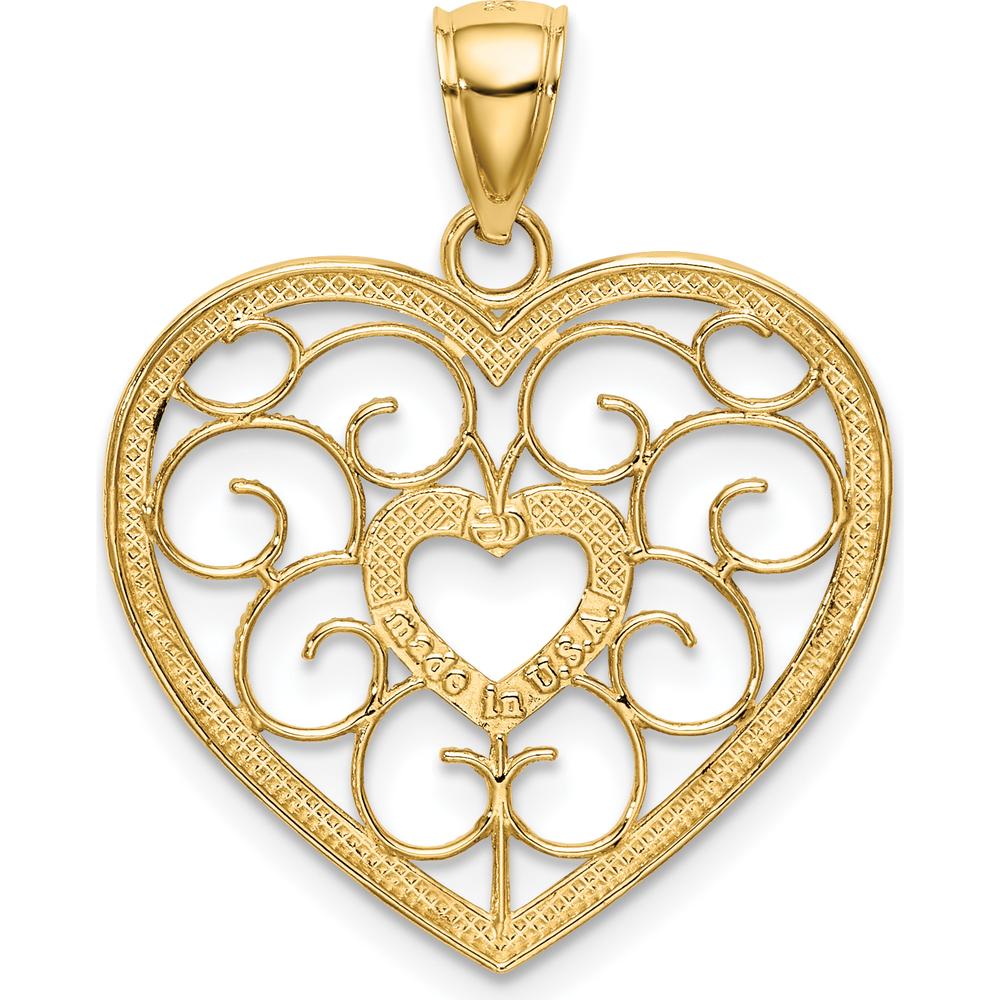 14K Yellow Gold Filigree Heart Pendant with White Rhodium Accents by Oro Pregiato